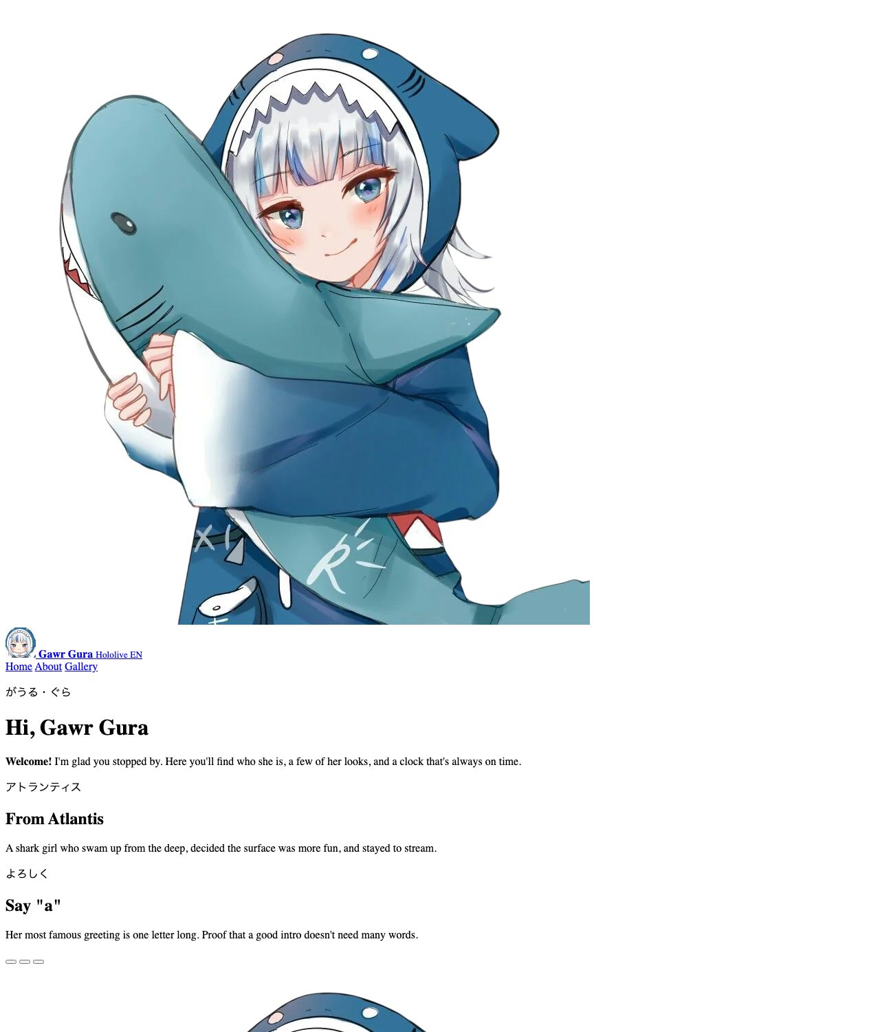 The page with no CSS: a giant portrait, a tiny avatar, plain blue links, all three slide texts stacked one after another in default black text