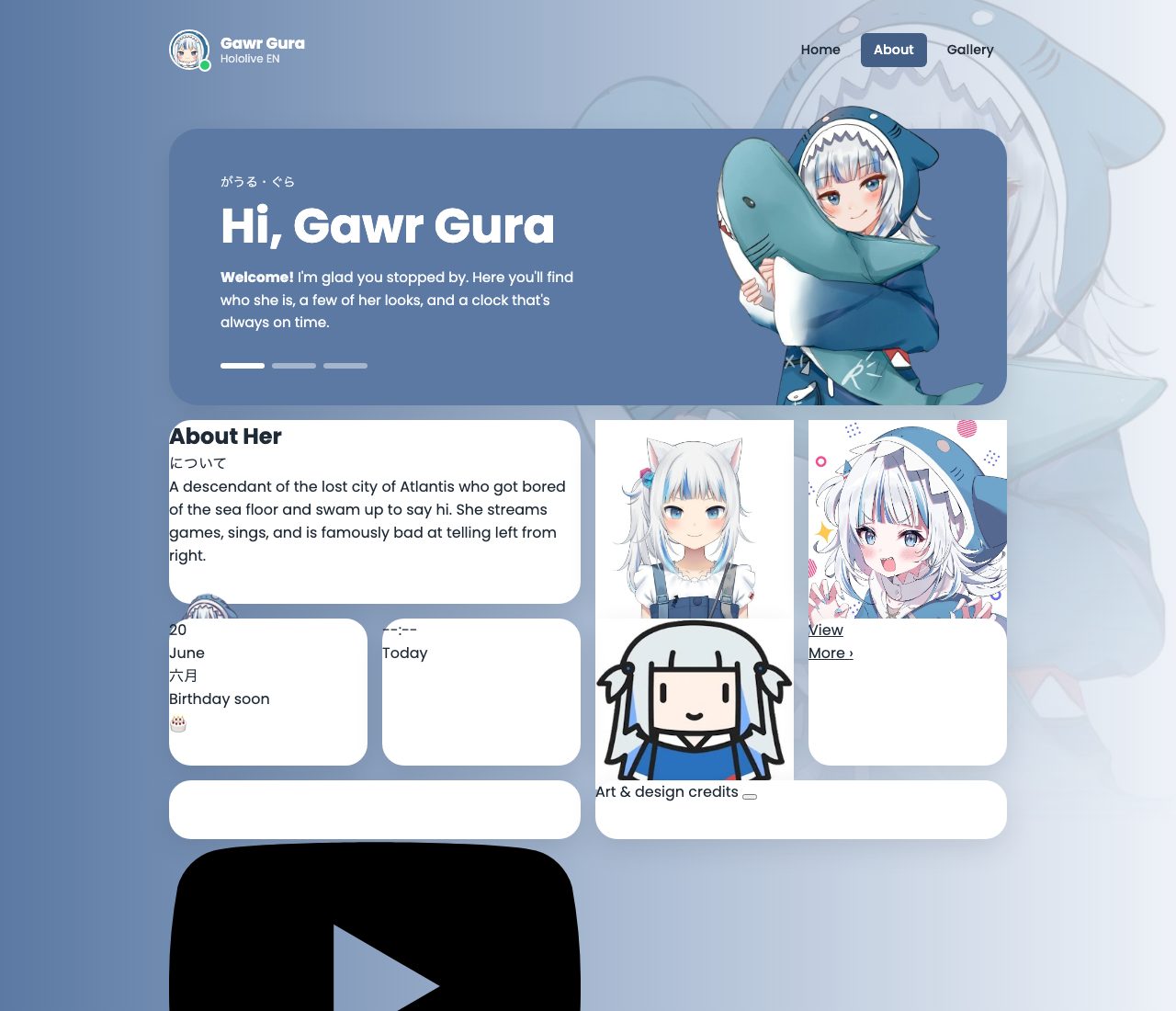 The hero card done: blue rounded card with the headline and welcome text on the left, three slider bars, and the portrait on the right with her head and the shark rising above the card