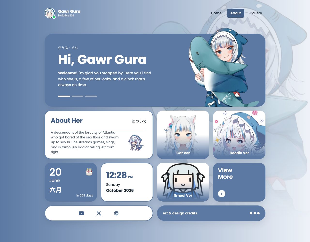 The finished page: a blue hero card with a character portrait sticking out of the top, then a grid of cards: About Her, three image cards, a birthday card, a live clock, a View More card, a row of social links and a credits bar