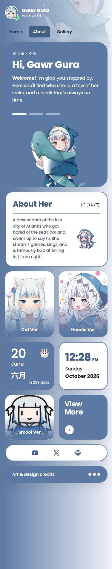 The page at phone width: the top bar, the hero with text above and the portrait centered below, About full width, then pairs of cards (cat and hoodie, date and clock, smool and View More), then the dock and credits