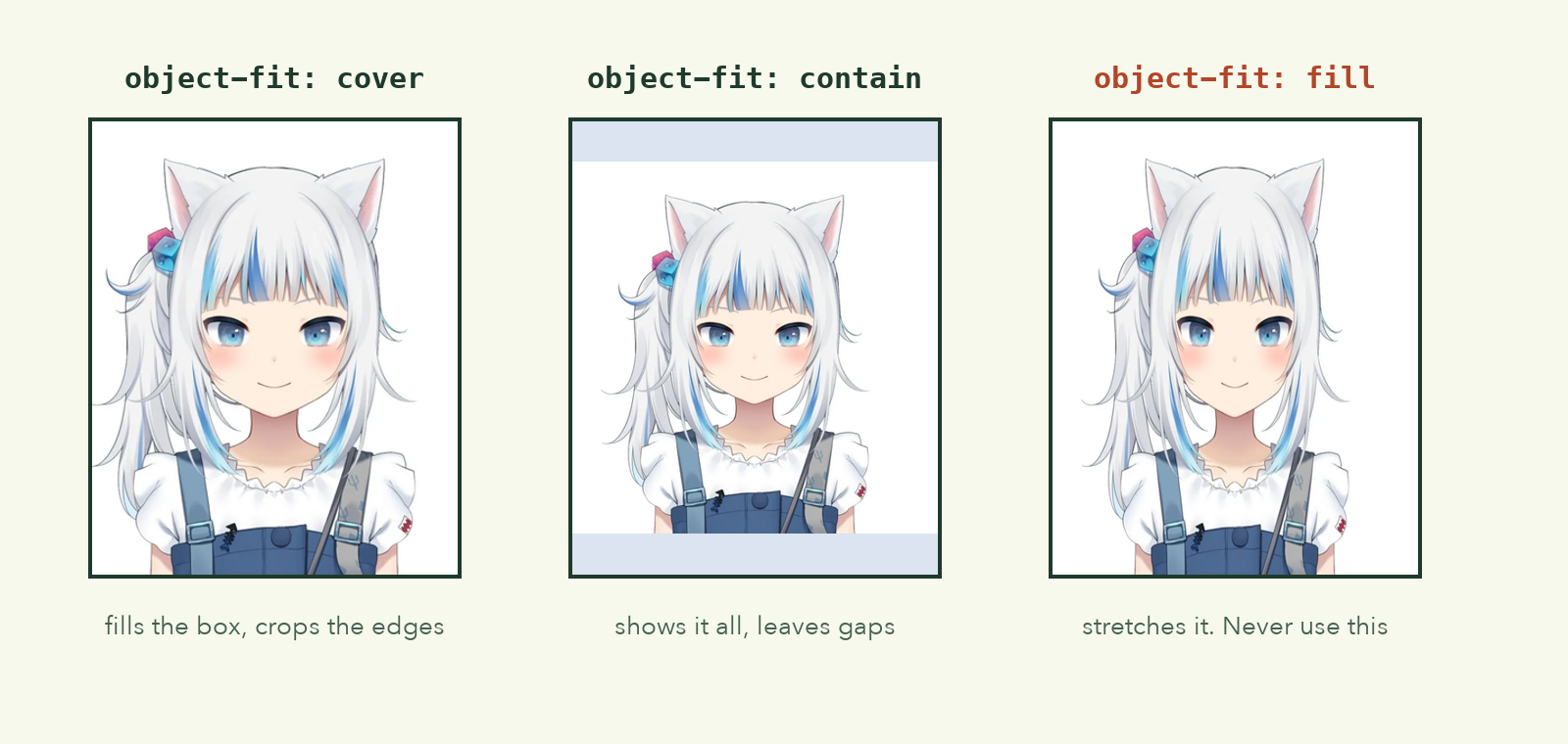 The same cat-ear portrait three ways: object-fit cover fills the box and crops the edges, contain shows everything with empty bands, fill stretches it out of shape