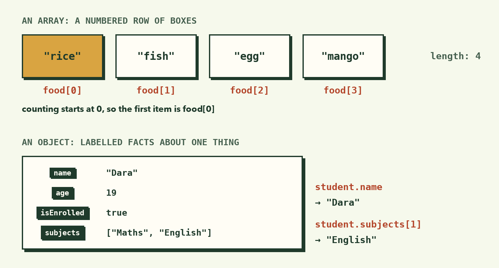 An array of four foods with positions food[0] to food[3], and an object for a student with name, age, isEnrolled, and subjects, read with student.name
