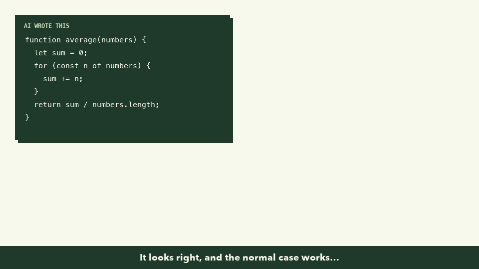Animation: an AI-written average function passes average([10, 20, 30]) and average([5]), then returns NaN for an empty list because it divides 0 by 0