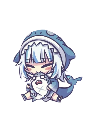 Chibi Gura holding a tiny shark